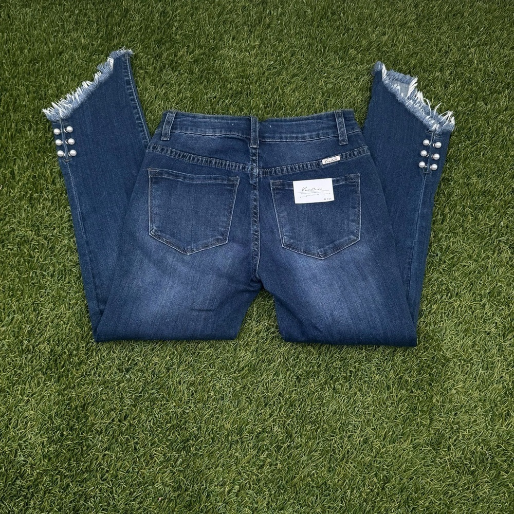 Kancan Blue Ankle Cropped Jeans with Frayed Hem and Pearl Detail - Picture 8 of 15